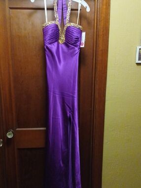 Studio 17 Purple Satin Prom Gown with Gold Embellished Straps